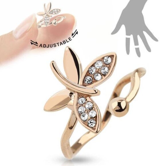 ADJUSTABLE ROSE GOLD PLATED BRASS MULTI-PAVED BUTTERFLY MID-RING - Picture 1 of 1